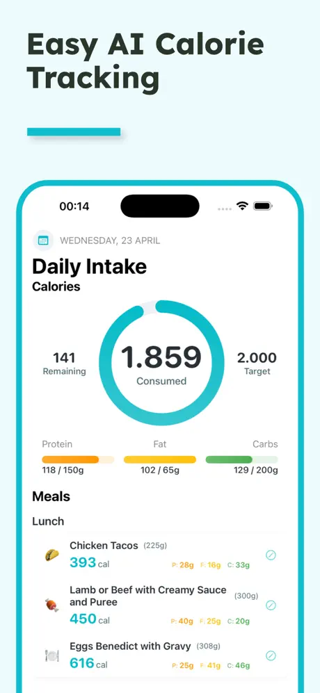 Calolens app — daily calorie intake with the progress ring and macros